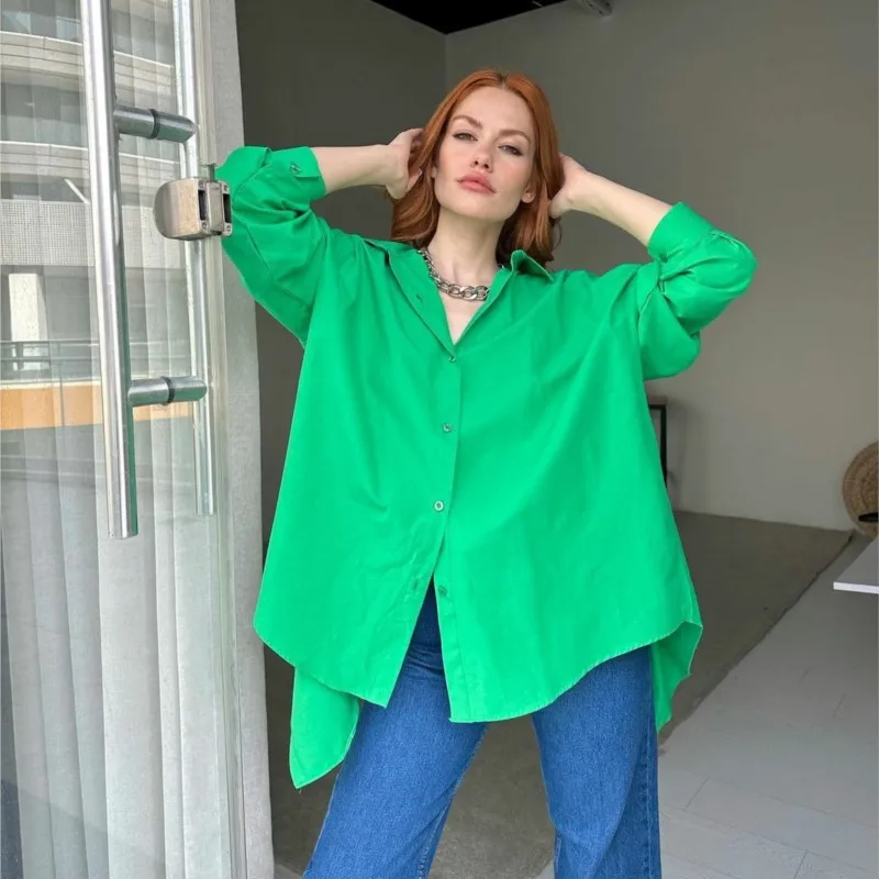 Casual And Fashionable Women's Long Sleeved Shirt Button Solid Color Versatile Back Slit Blouse Top Women's 2025 Spring New Item