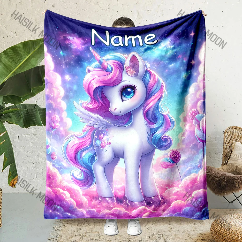 

6 Size Cute Colored Unicorn Printed Blanket Personalized Name Custom Sofa Bedroom Office Blanket Special Gift for Friends Family