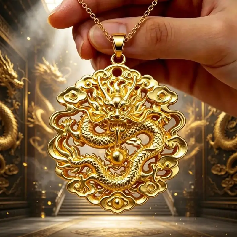 Chinese Traditional Auspicious Gold Pendant 3D Embossed Matte Finish Lightweight Jewelry for Christmas Gift for Family