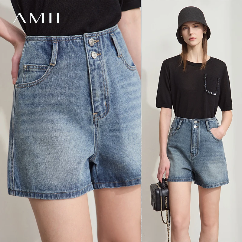Amii กางเกงขาสั้นผู้หญิง Minimalist ฤดูร้อนใหม่อเนกประสงค์สไตล์ DENIM เข็มขัดฟรี Retro ล้างผ้าฝ้าย Casual DENIM กางเกงขาสั้น 12542225