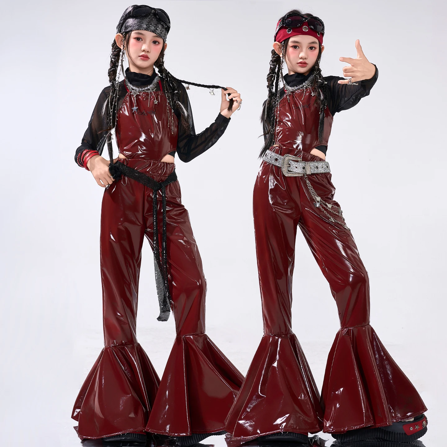 

Fashion Ballroom Dance Suit Kids Street Dance Clothes Girls Red Leather Jazz Dance Costume Children Hip Hop Clothing SL14511