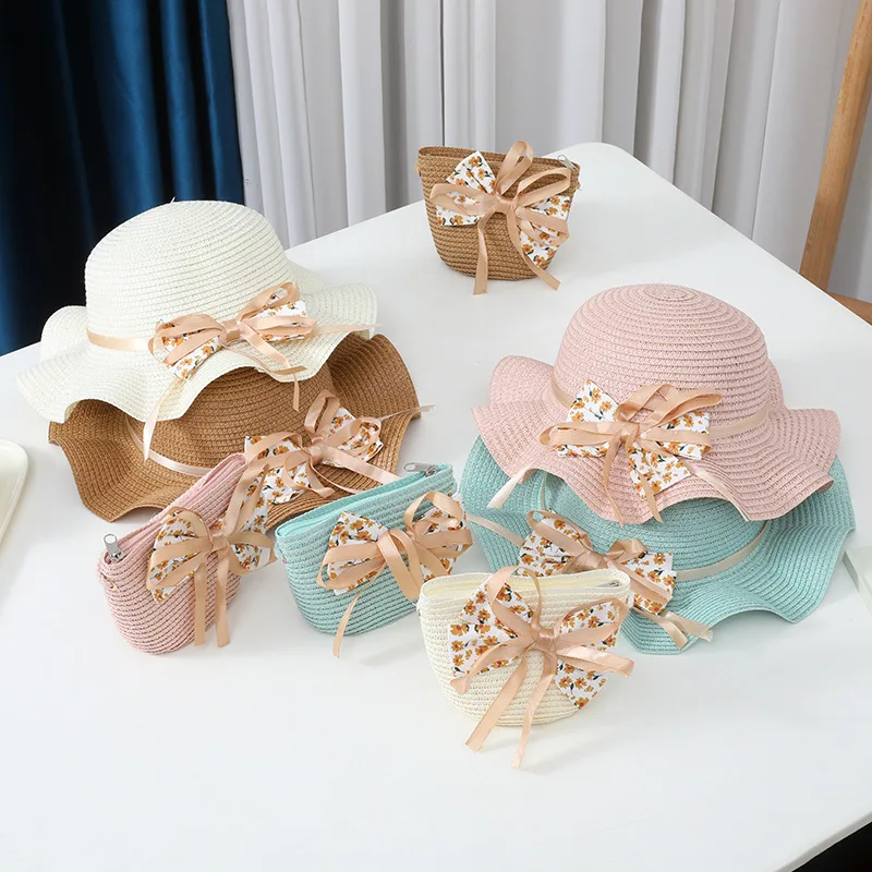

New 2 Pcs Suit Cute Bow Beach Hat and Shoulder Bag Girls Outdoor Flowers Beach Cap Cute Travel Beach Sun Hat Crossbody Bag