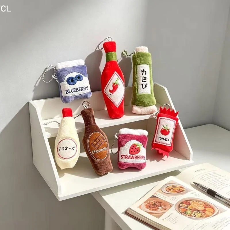 Cartoon Tomato Sauce Seasoning Bottle Sauce Plush Doll Keychain Soft Stuffed Chocolate Sauce Keyring Schoolbag Hanging Pendant