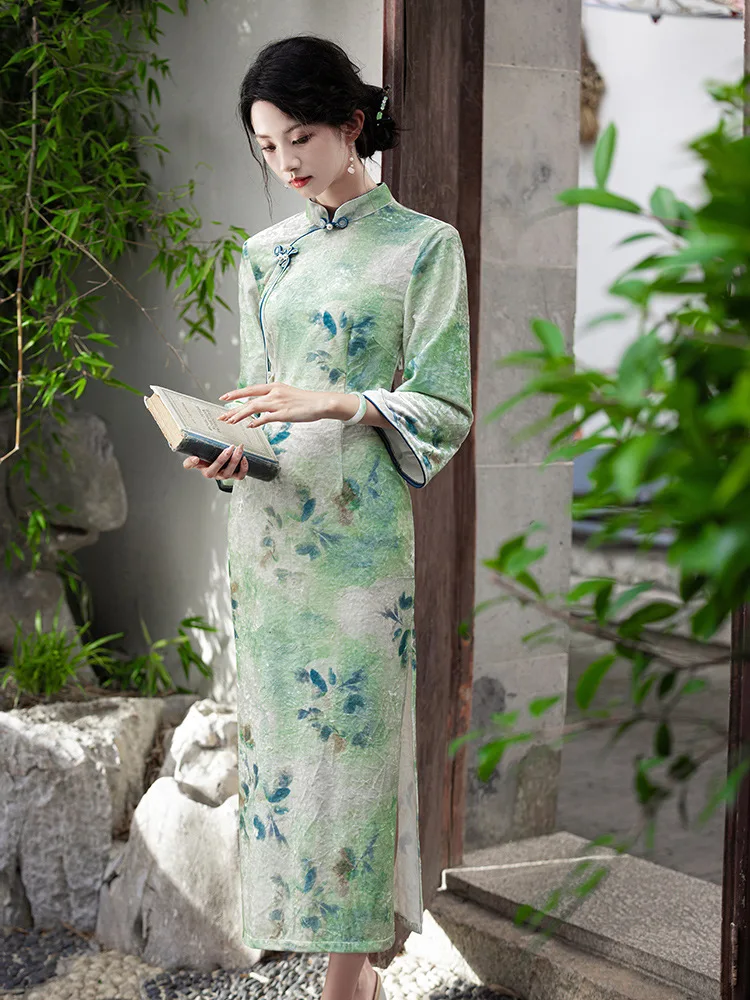 Print Velour Cheongsam Chinese Traditional Dress Autumn Winter Long Temperament Flare Sleeve Velvet Improved Green Qipao