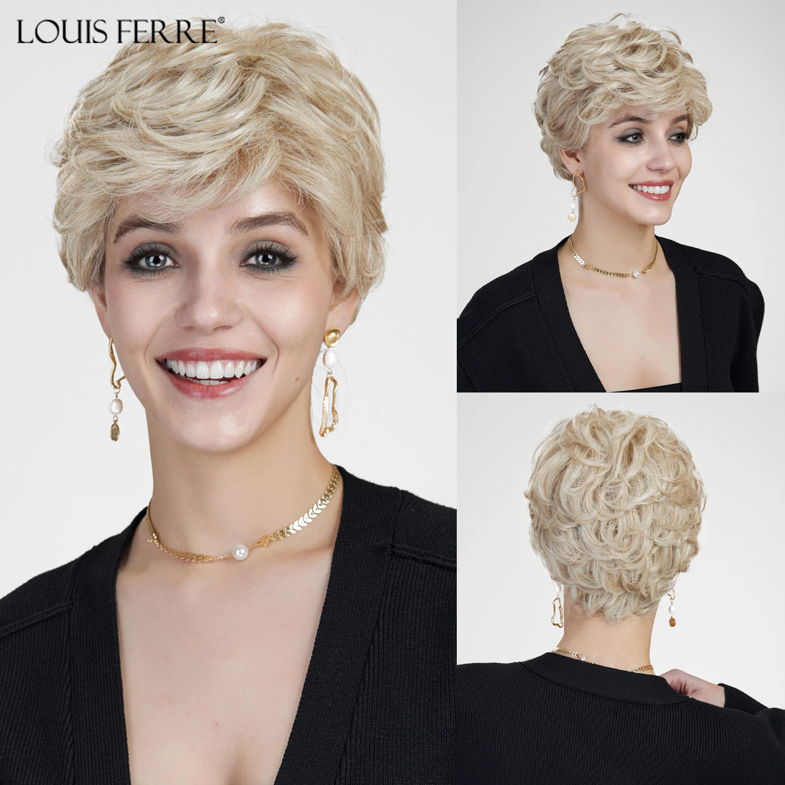 

Light Beige Blonde Pixie Cut Wigs for Women Monofilament Top Wigs Short Wavy Curly Lace Front Wigs With Fluffy Bangs Glueless