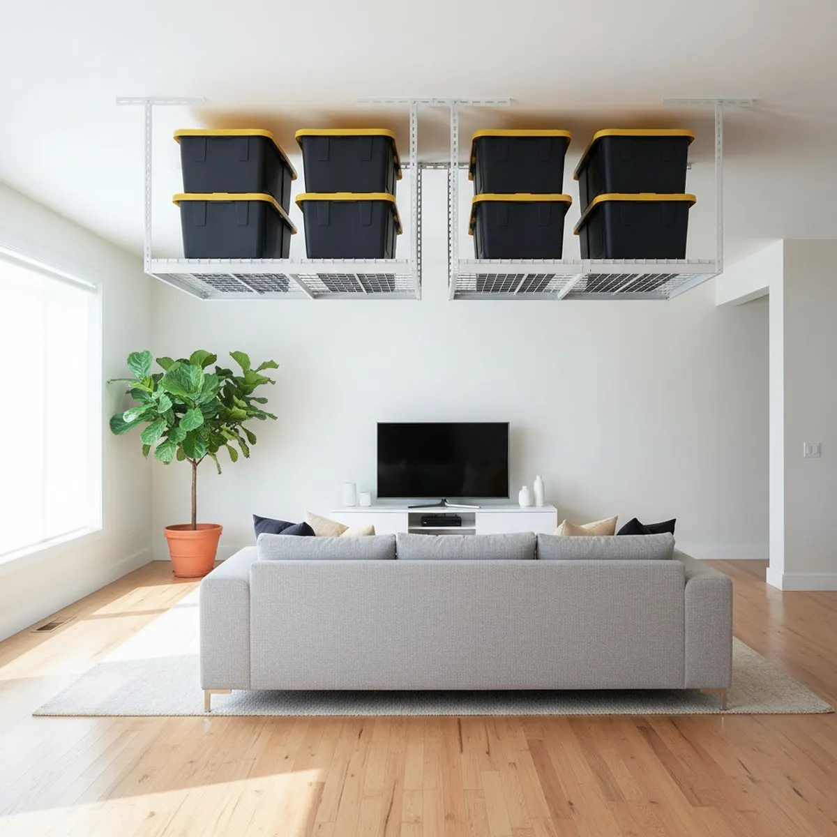 Overhead Garage Storage Rack White 3x6ft Adjustable Height 18-33 Inch Heavy Duty Ceiling Mount Shelving Unit