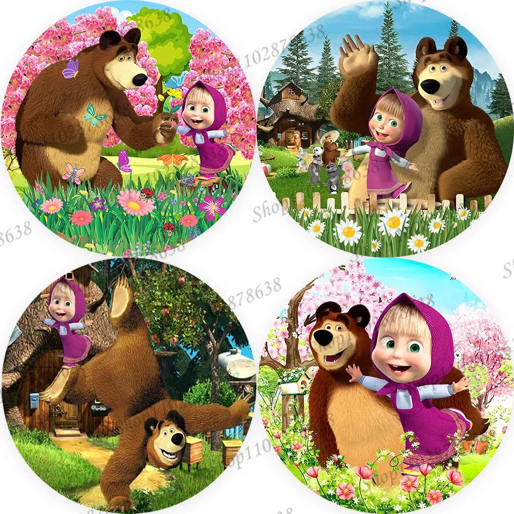 

Mashas And The Bear круглый фон для фотосъемки малыш девочка первый день рождения фон Розовая маргаритка Сакура принцесса Baby Shower баннер