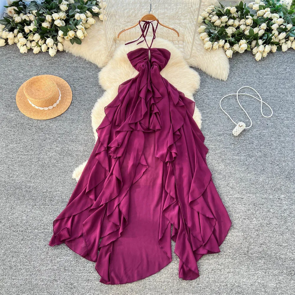 

Women Dresses Solid Dress Ruffle Hem Asymmetry Halter Collar Sleeveless Ankle Length Cinched Empire Waist Casual 2026 Summer