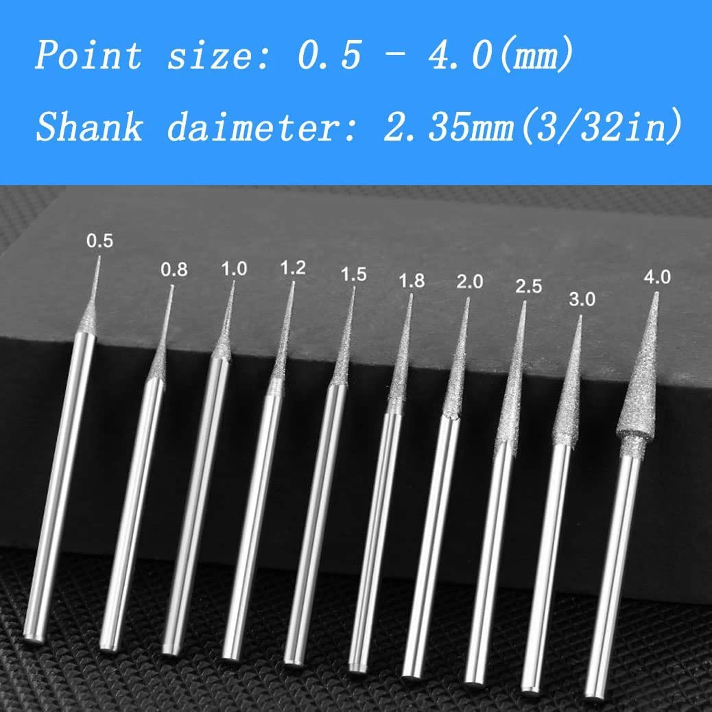 0.6mm to 4mm Cone Shape Diamond Burr 3/32''(2.35mm) Shank Diamond Cone Burs Stone Carving Bits for Rotary Tool Include Dremel