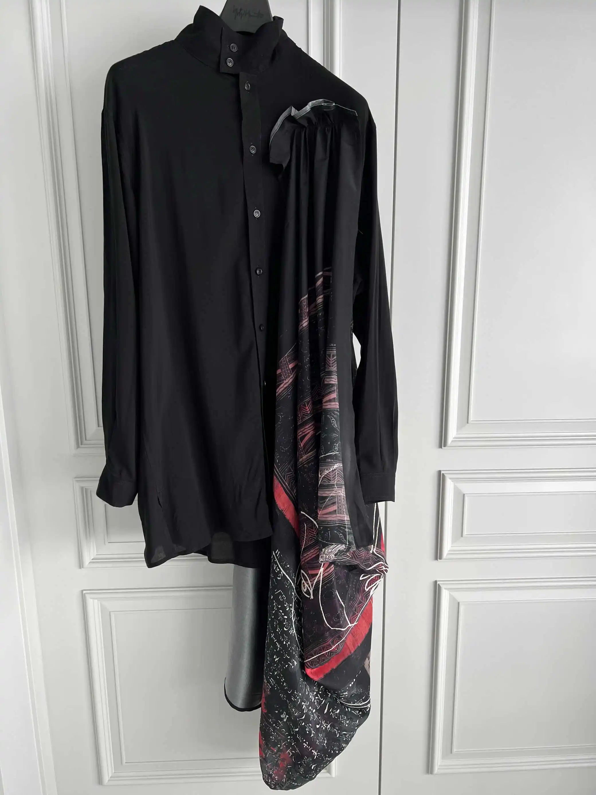 TOP-YAMAMOTO original design printed drape silk style black wool long-sleeved shirt for men