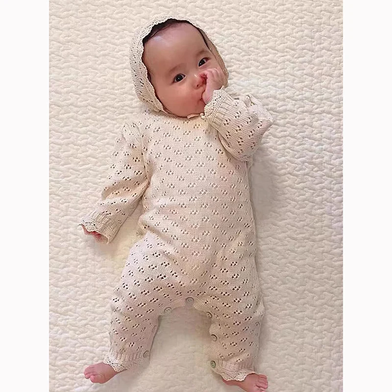 Autumn Baby Romper Cotton Knitted Newborn Boy Girl Jumpsuit Outfit Long Sleeved Infant Toddler Hollow Out Clothing Hat Onesies