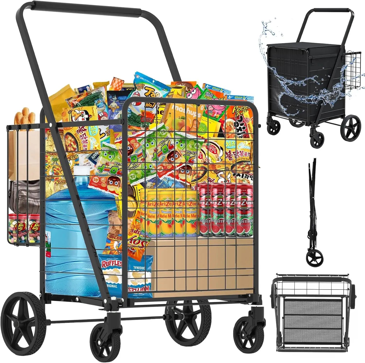 

37.5 Gallons Heavy Duty Shopping Cart Folding Grocery Cart 360° Swivel Wheels & Waterproof Bag, Super Jumbo Heavy Duty Utility