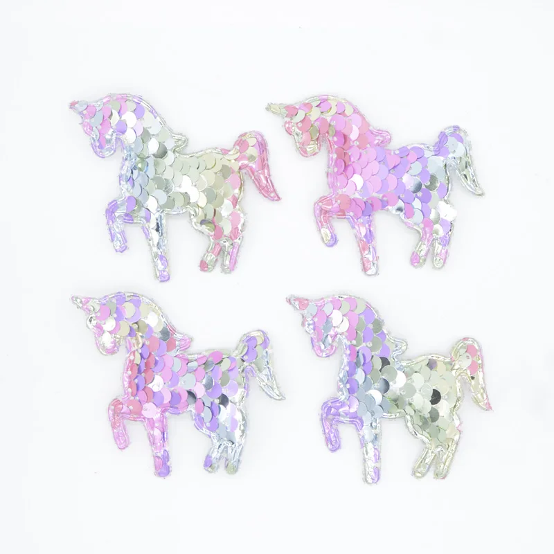 16Pcs 65*60mm Glitter Unicorn Appliques with Light Rainbow Sequins Padded Patches for Clothes Sewing Supplies Headwear Decor