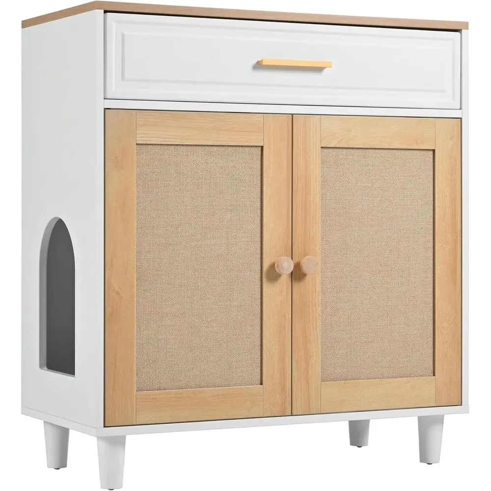 

Furniture-Style Cat Litter Box with Scratching Door, Charging Port, Storage, 31.5L x 15.8W x 32.5H, Beige & White
