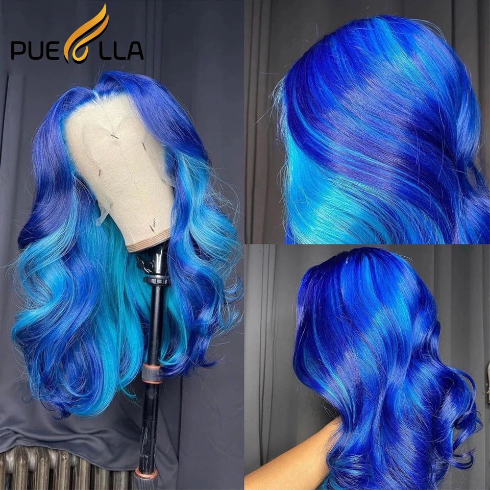 Blauwe Highlight Human Hair Pruik 13X4 Lace Frontale Human Hair Pruik Donkerblauw Highlight Transparant 13X6 Lace Front Body Wave Pruik