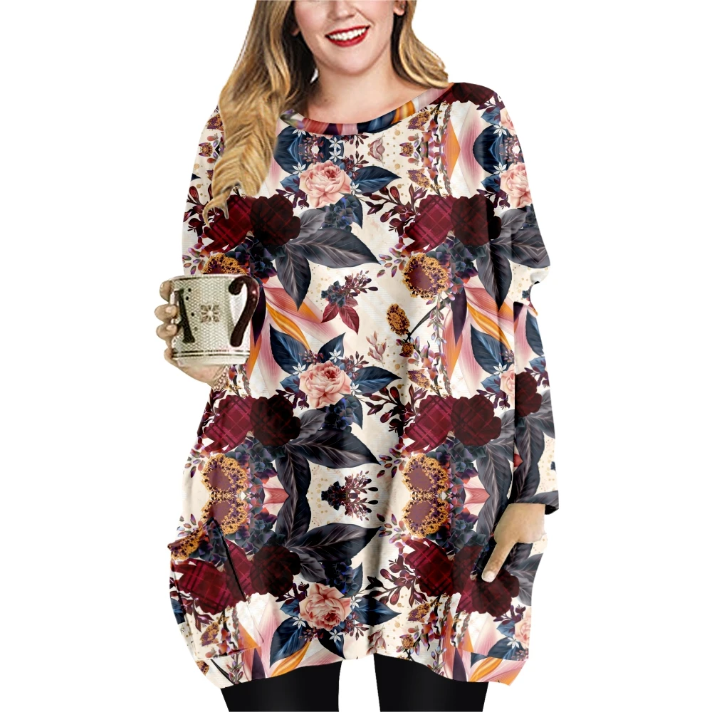 Retro flowers Print  Loose Casual Style Ladies T-shirt Double Pocket Dress Round Neck Long Sleeve Dress-