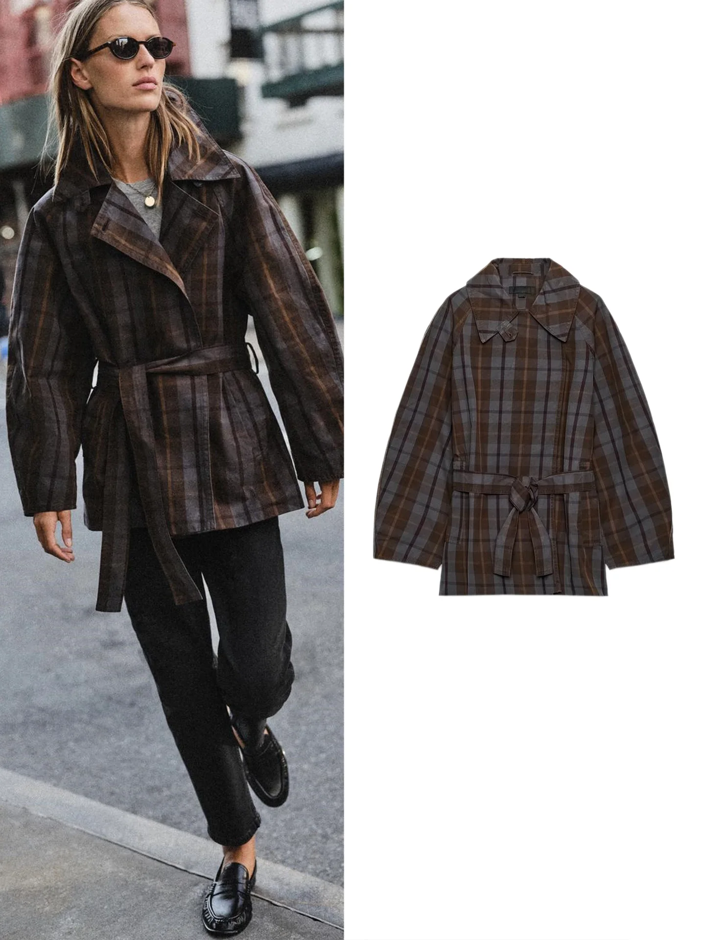 New Autumn Women's Casual Style Long Sleeve Turn-down Collar Plaid Belted Double-breasted Coat 8073247 Polyester Fiber Regula...
