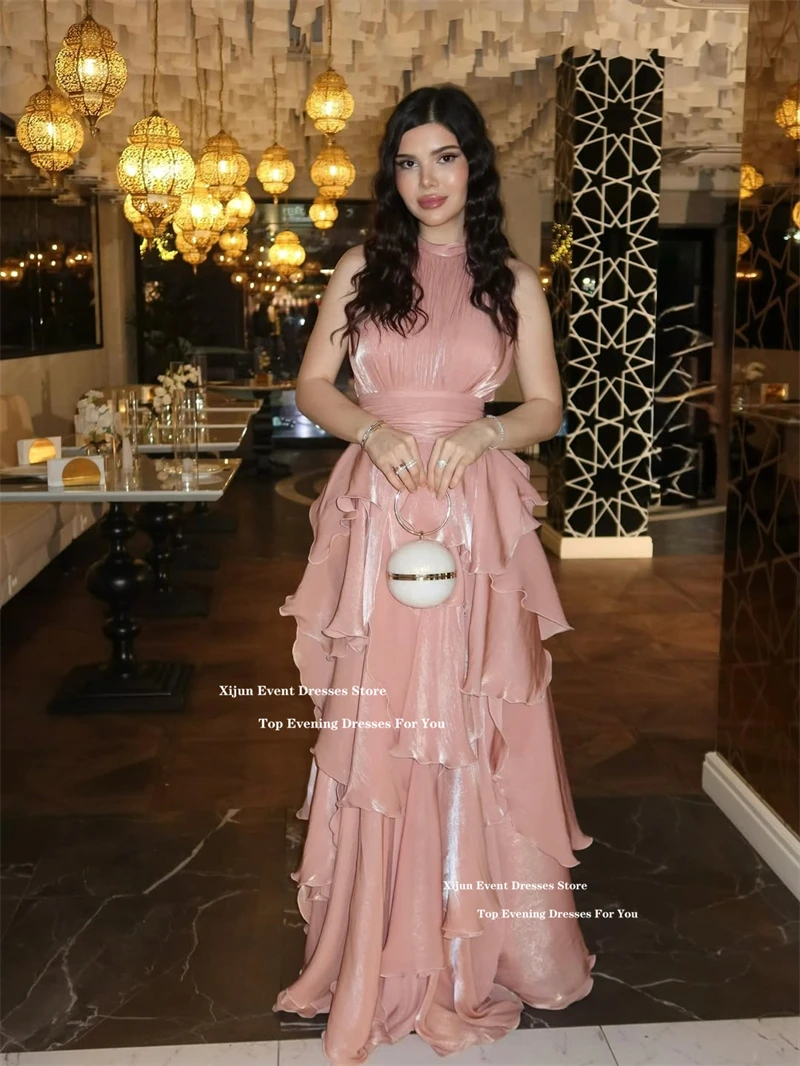 ซีจุนสีชมพูเงาชุดราตรียาวชั้นแขนกุดชุดราตรีซาอุดีอาระเบียอย่างเป็นทางการเอ-ไลน์ชุดราตรีที่กำหนดเอง