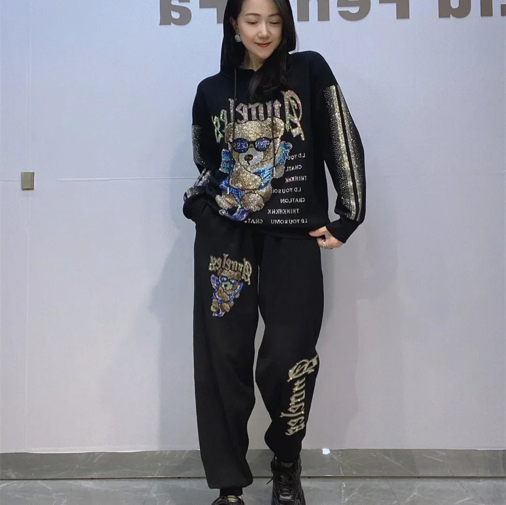 

Cartoon Bear Letter Diamonds Women Sets with Long Pants Casual Knitting Tracksuit Hooded Tops Two Piece Sets Womens Outifits