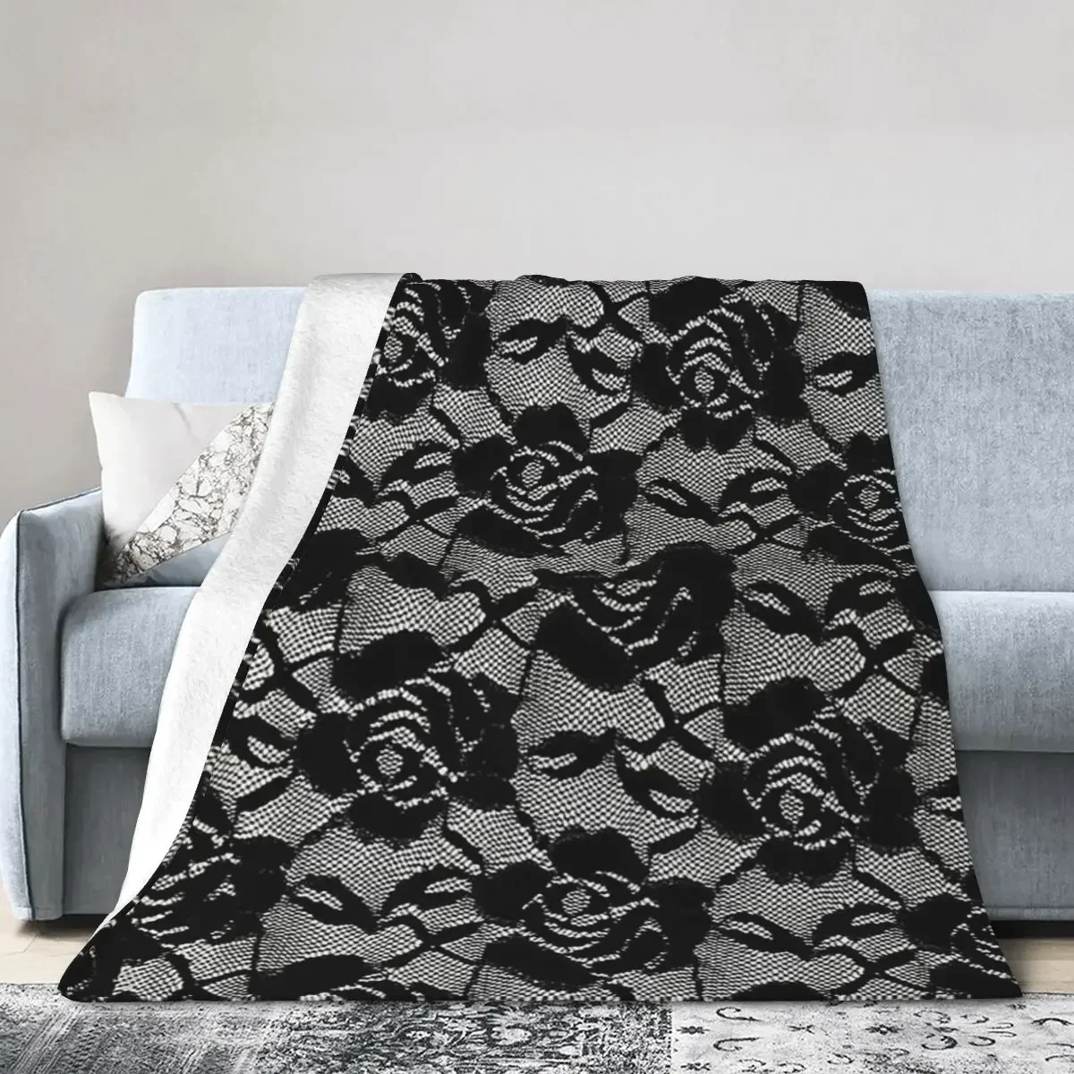 Black Rose White Background Lace Pattern Blanket Soft Warm Flannel Throw Blanket Cover for Bed Living room Picnic Travel Home