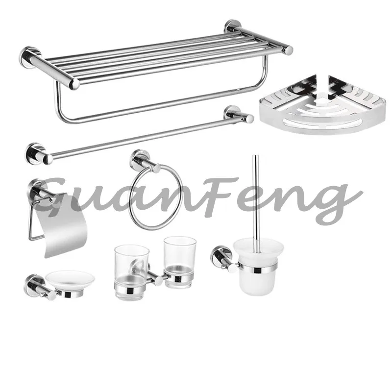 304 Stainless Steel Bathroom Accessory Set Towel Rack Toilet Brush Paper Holder Wall Mount Shelf