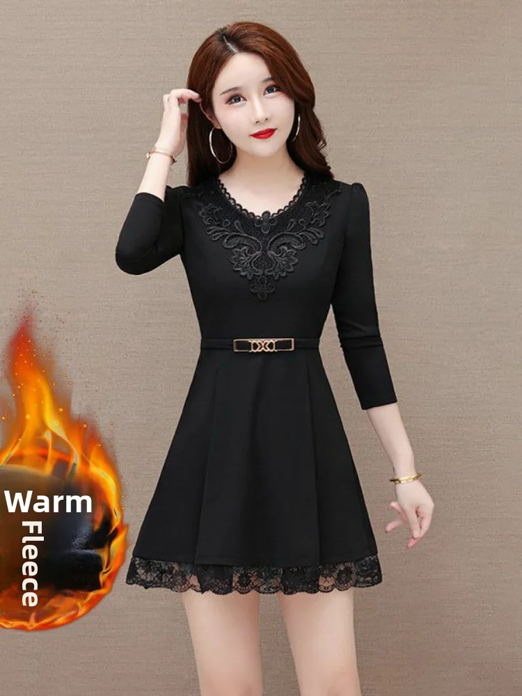 

Faionable Lace Base irt Autumn Winter New Sle Slim Fit Midi Length Belly Covering Trendy Mom High End Slimming Top