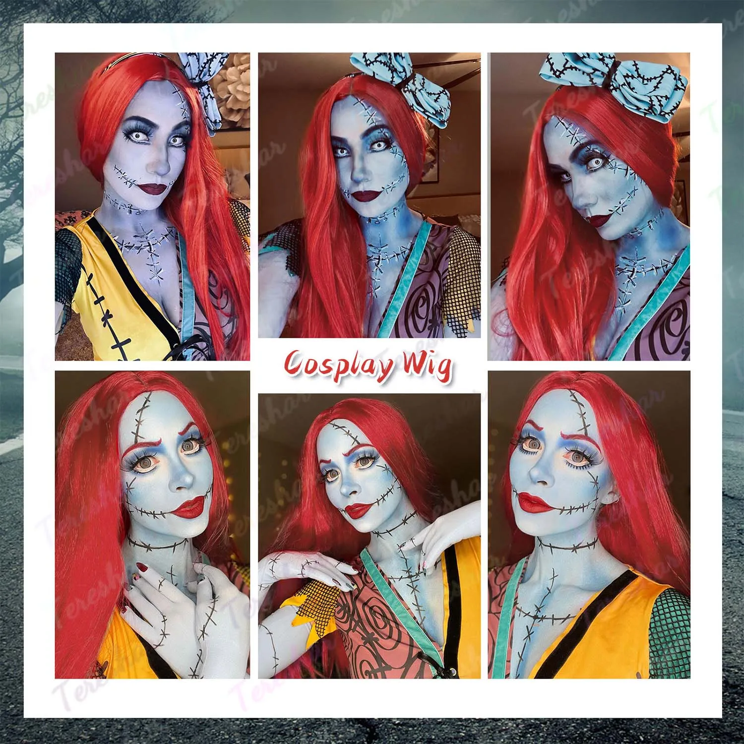 Synthetic Red Wig Sally Costume Wig the Nightmare Before Christmas Long Straight Wig for Christmas Halloween Party Anime Cosplay