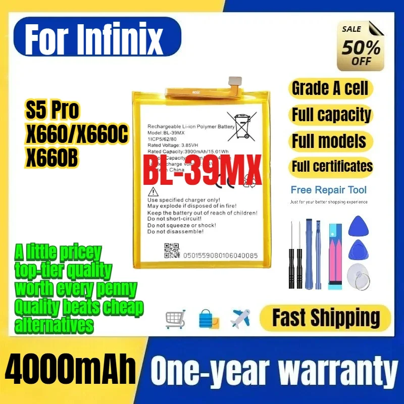 BL-39MX for Tecno Infinix S5 Pro/X660/X660C/X660B Phone Battery 0Cycle High Capacity Replacement Bateria Grade A Cell with Tools