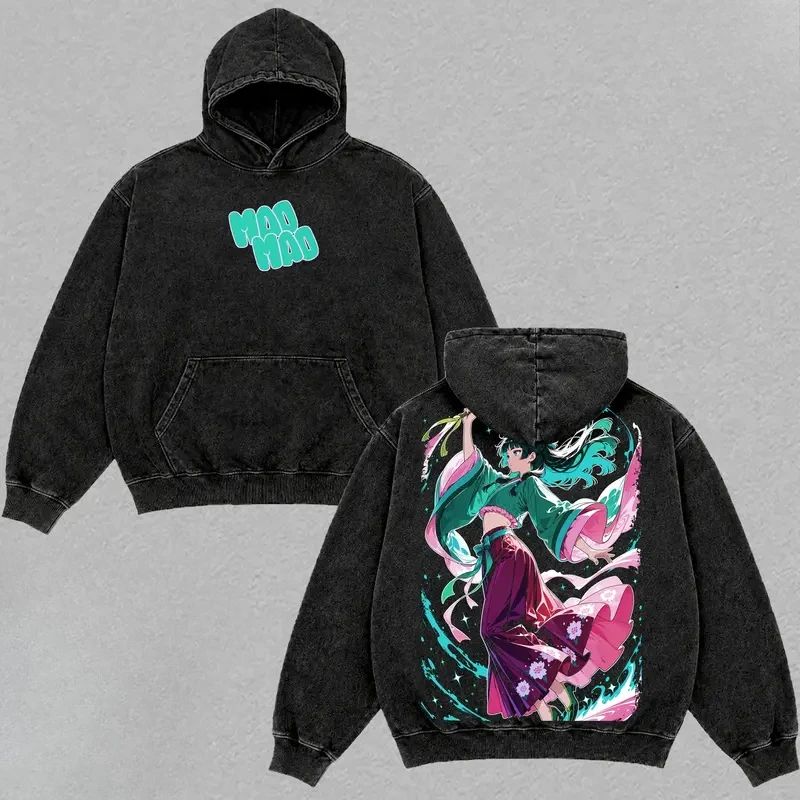 Kusuriya no Hitorigoto MaoMao Vintage Washed Hoodies Men Women Double Sided Print Graphic Hooded Oversized Streetwears Pullover