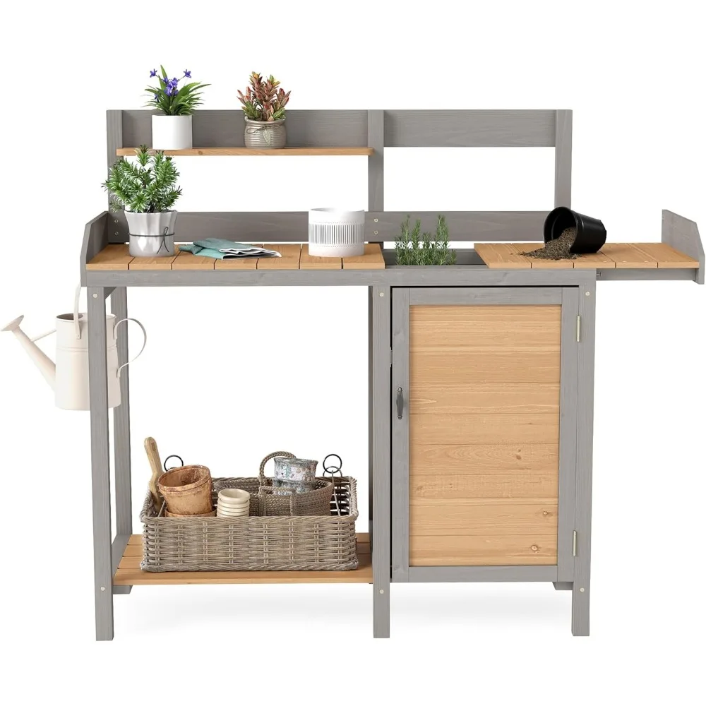 Wooden Potting Bench Table with Sink,Outdoor Garden Table Work Bench with Storage, Workstation for Outside Patio Lawn