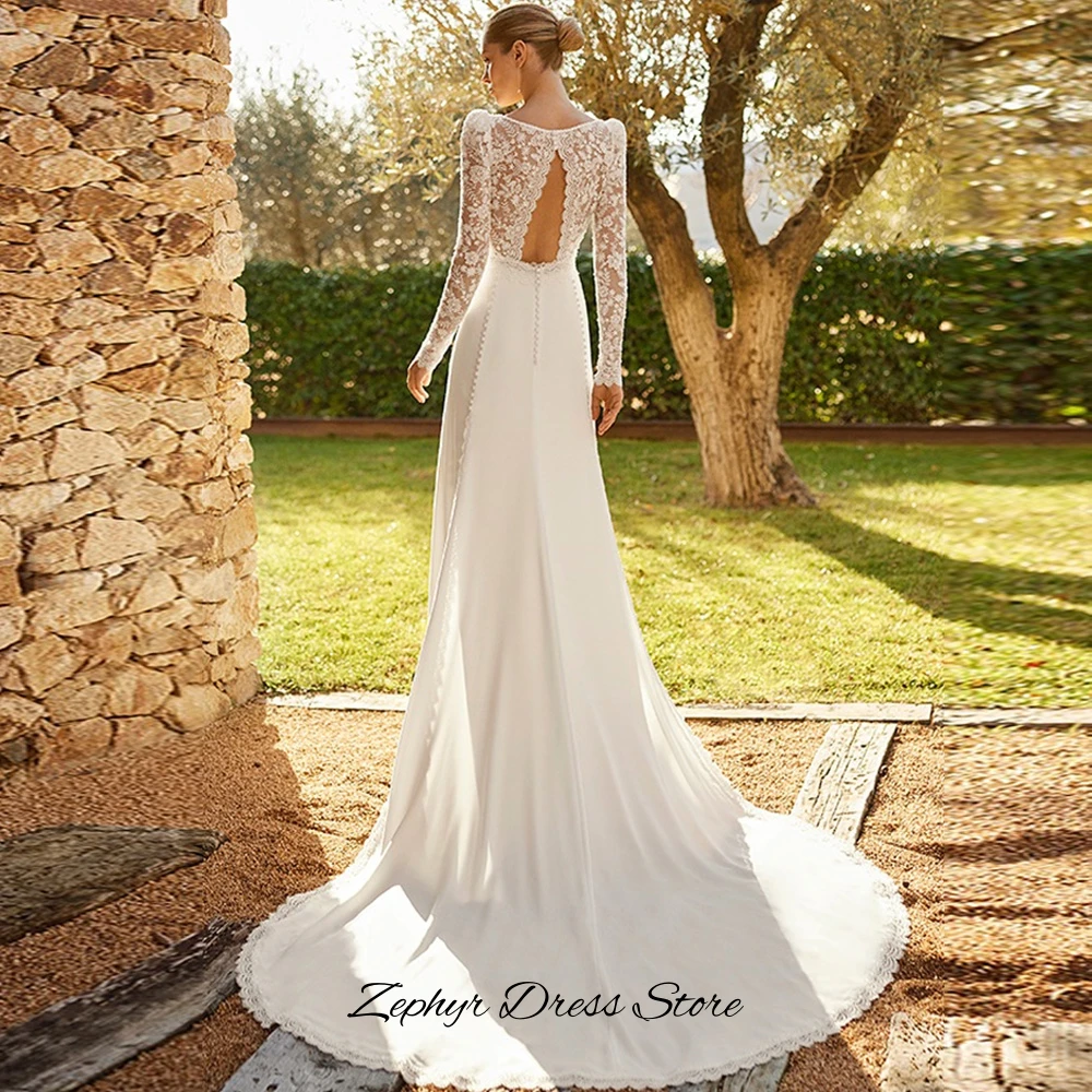 Romantic Customized Lace Appliques Bridal Gowns Fashion Mermaid Satin Wedding Dress Elegant V-neck Long Sleeves Vestido De Novia