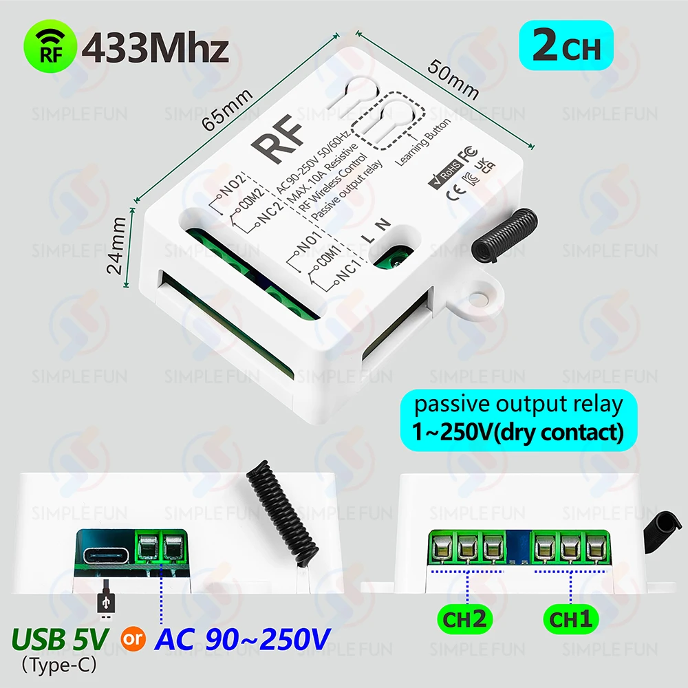 433MHz Wireless Remote Control Light Switch 2 CH,AC 110V 220V RF Relay,500m Control Distance,for Lamp/Motor/Garage Door Opener