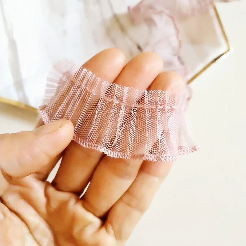 2cm wide Korean pink mesh pressed ruffled lace sleeve collar skirt trim children\'s handmade Busy book Bag decorative material