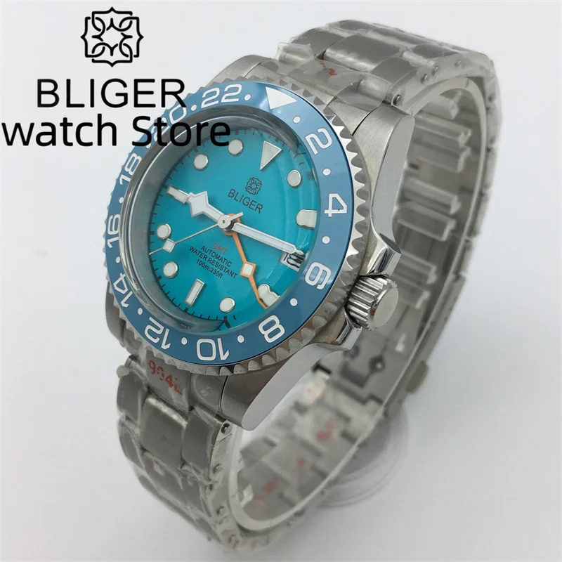 Bliger40mm silver case Sky blue luminous dial Men\'s Watch Arch glass NH34 gmt Automatic Date Window 904L bracelet Ceramic beze