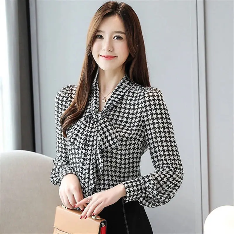 Vintage Houndstooth Printed Bow Women\'s Shirt Elegant Office Lady V-Neck Pullovers Fashion Commute Loose Oversize Blouses Female