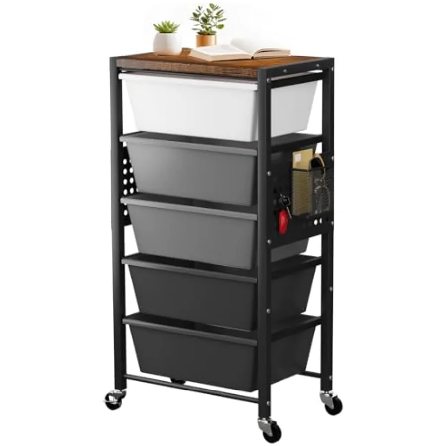 

Rolling Cart with 5 Drawers Plastic Drawer Storage Carts with Wheels and Wooden Tabletop Metal Utility Cart with Pegboards Offi