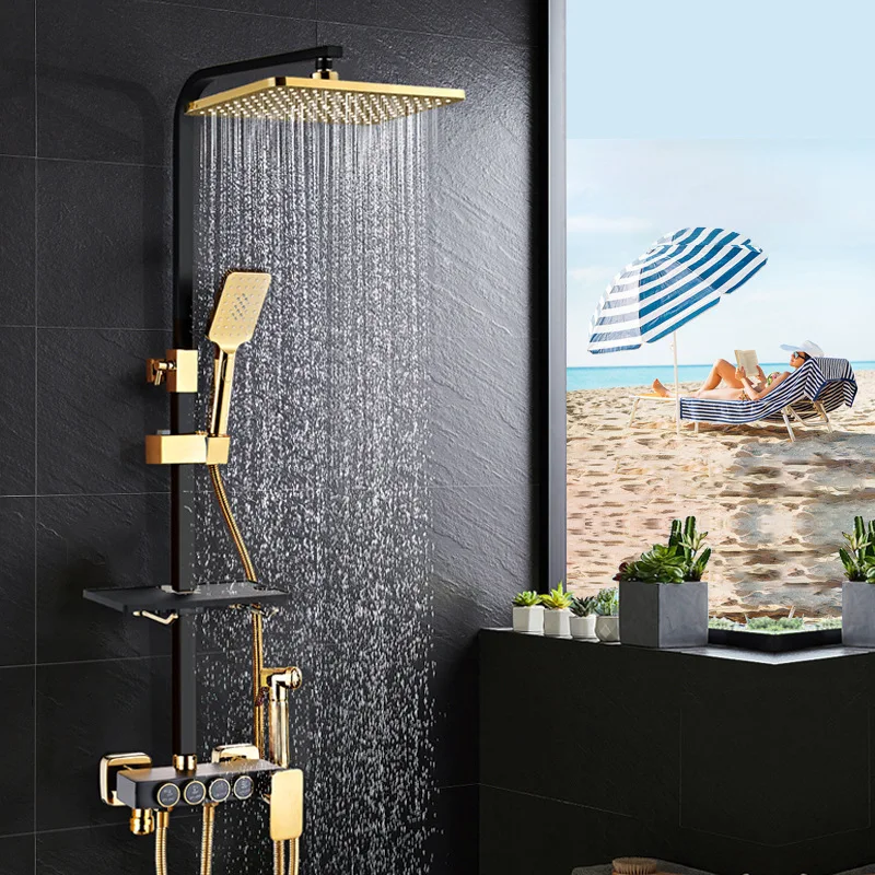 All Copper Black Gold Shower Set Button Shower Pressurized Nozzle 4-speed Water Outlet Adjustable for Lifting and Lowering