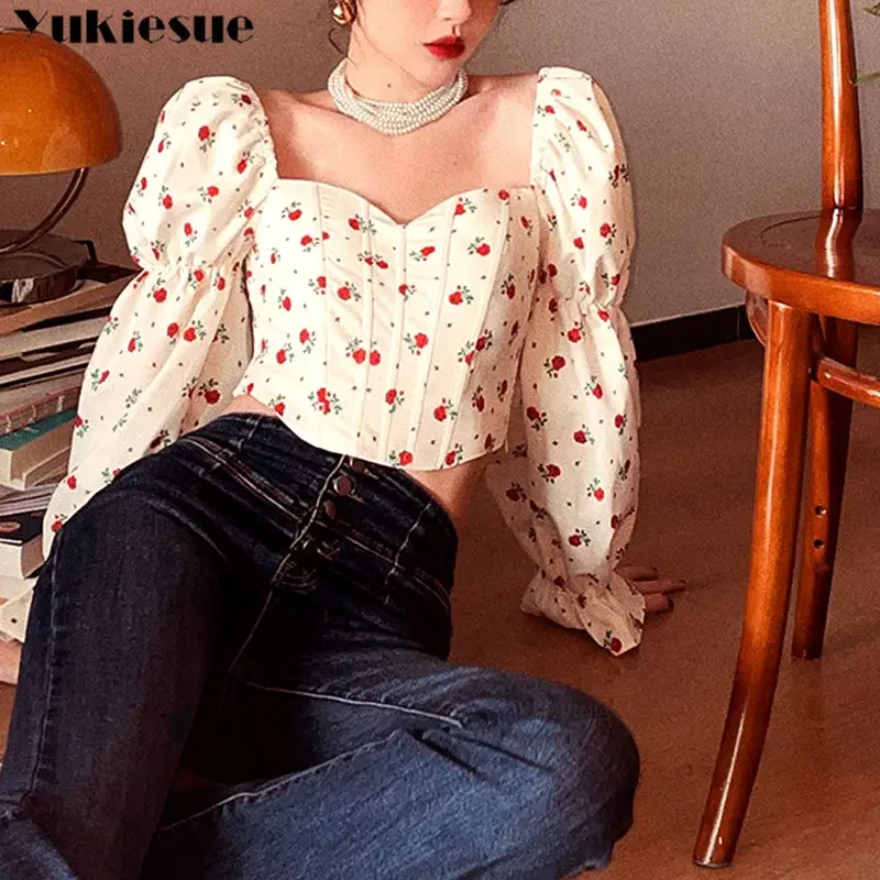 

2022 Summer Fashion Long Sleeve Slim Design Crop Tops Female Korean Casual Floral Shirts French Vintage Elegant Blouse Women