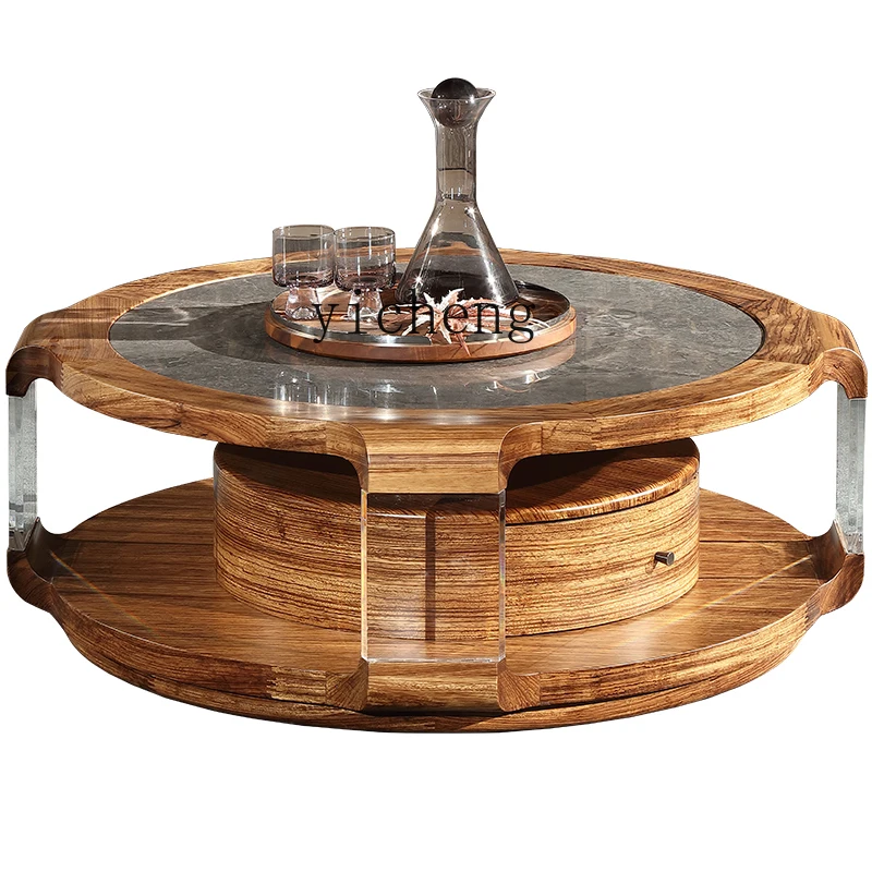 ZK Transparent Acrylic Ugyen Wood round Coffee Table Living Room Solid Wood Stone Plate Storage Small Tea Table