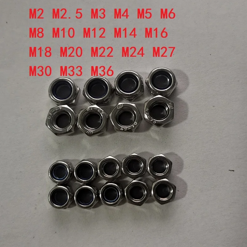 304 Stainless Steel Hex Nylon Lock Nuts M2 M2.5 M3 M4 M5 M6 M8 M10 M12 M14 M16 M18 Hexagon Hex Self-locking Nylock Nut Locknuts