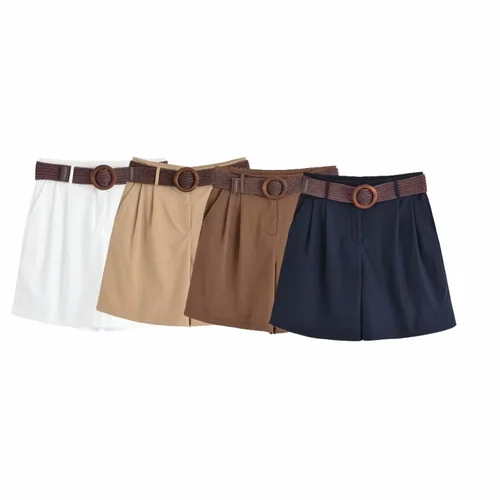 ETJ 2025 novedad de verano, moda informal de estilo festivo para mujer con cinturón, versión holgada, pantalones cortos informales plisados de cinco puntos