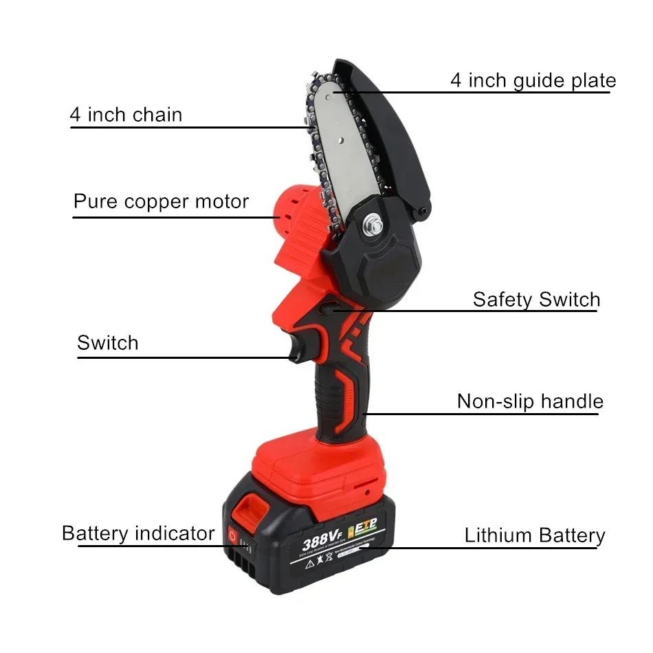 18V 4 Inch Chain Saw Cordless Handheld Pruning Saw Portable Woodworking Electric Saw Cutting Tool with Lithium Battery