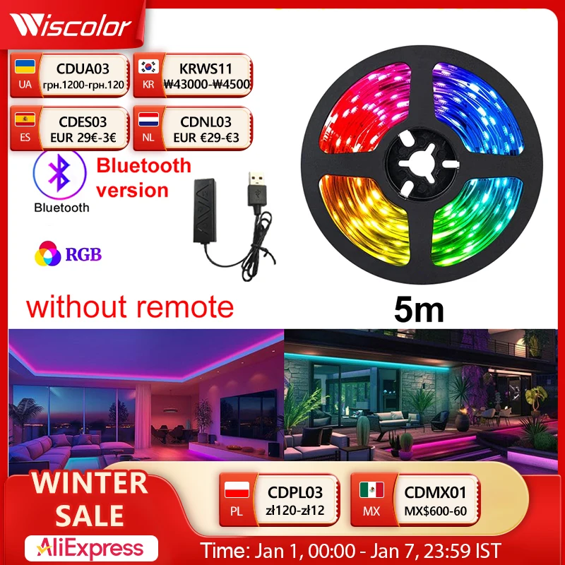 Wiscolor  5V USB tira de luz LED , Bluetooth APP Control RGB5050 Luz LED, 1-5M Led Cinta de TV Retroiluminación Habitación Decoración de Navidad