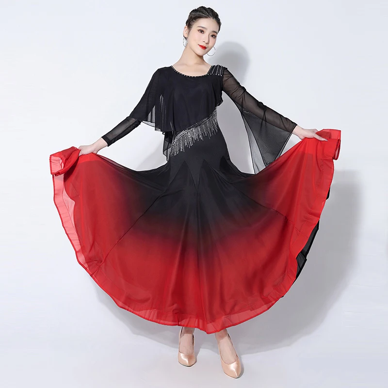 

New Red Modern Ballroom Dance Costume Women's Latin Dance Performance Dresses Adult Waltz Dance Practice Big Swing Dress XH565