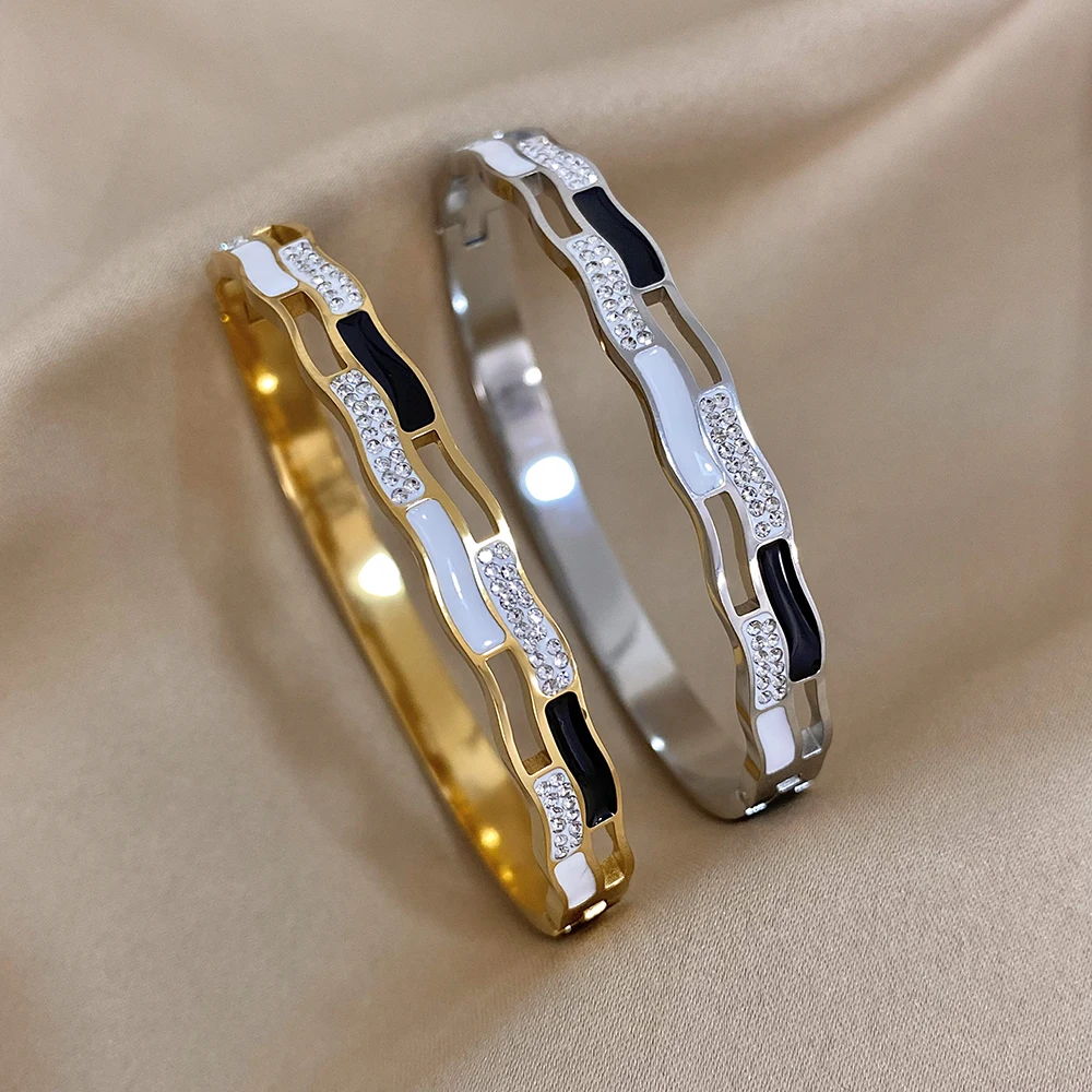 Greatera Stainless Steel White Black Enamel Rhinestone Charm Bracelet Bangles for Women Gold Plated Irregular Bracelets Jewelry