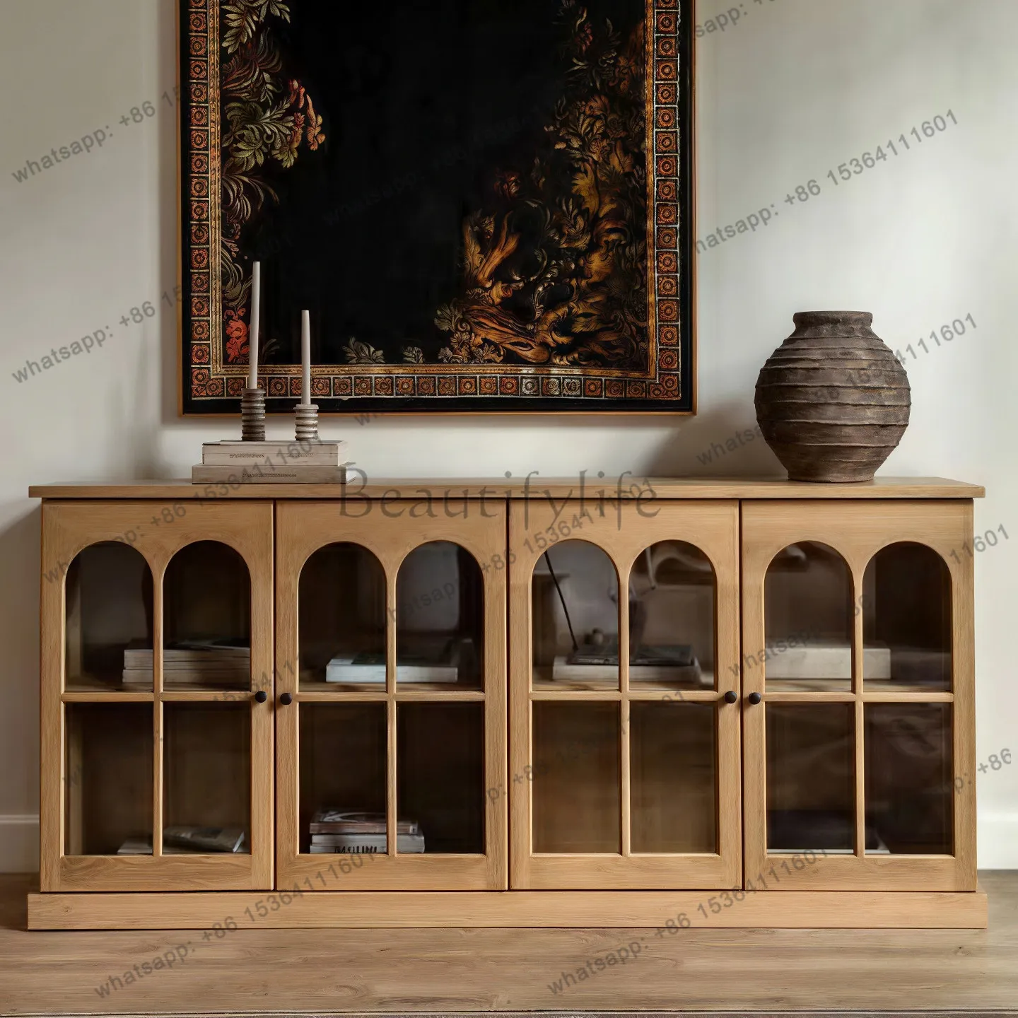 

French retro solid wood dining side cabinet, living room storage display cabinet, antique arched glass door