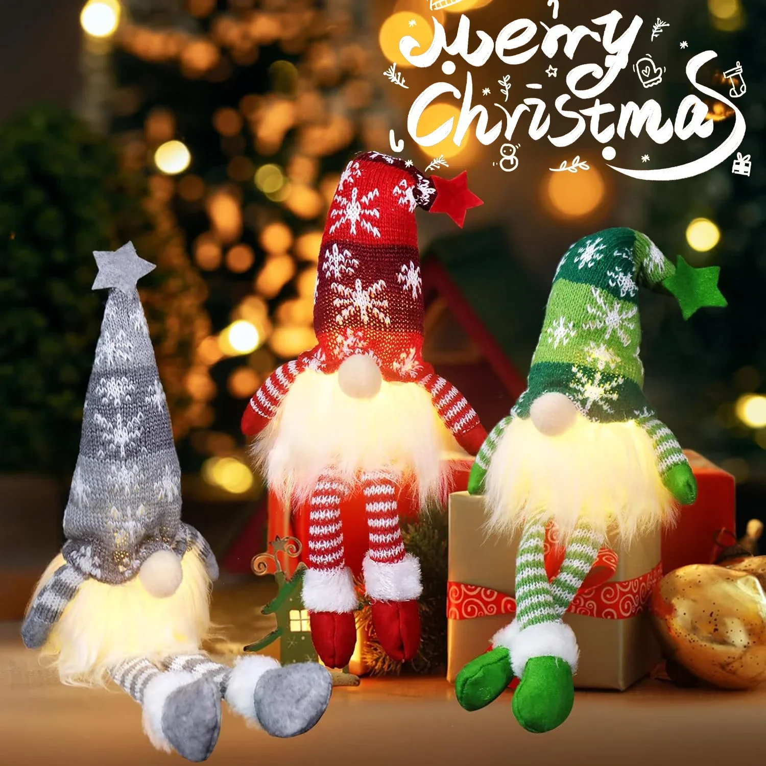 Christmas Long Legged Gnome Dolls With LED Fairy Lights Knitted Hat Faceless Elf Battery Powered For Christmas Party Decoration