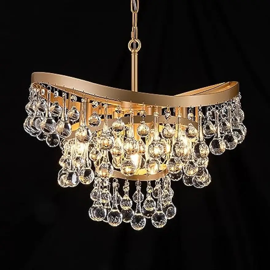 Crystal Chandelier, Tiers Luxury Gold Crystal Chandelier, Ceiling Pendant Ceiling Light Fixture for Dining Room, Living Room