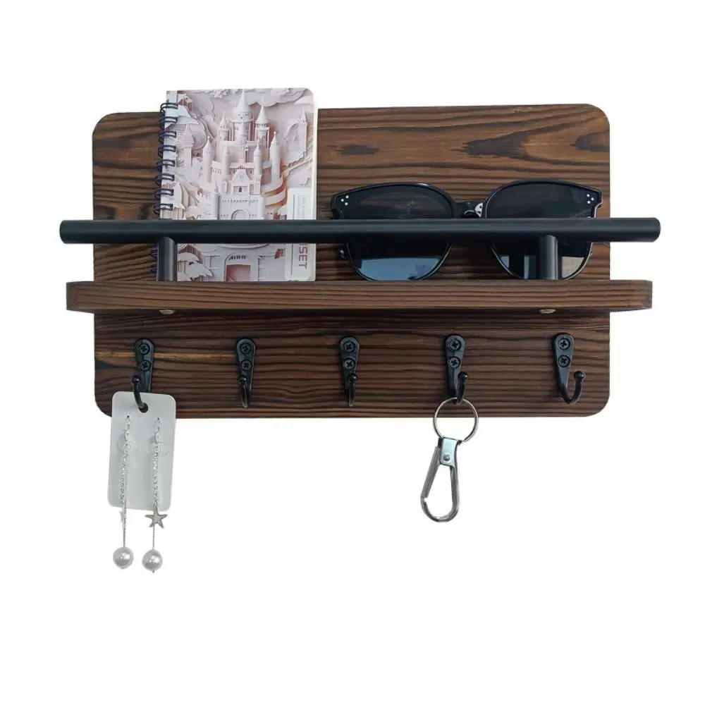 

Retro Wooden Key Holder Wall Mounted with 5 Hooks Wall Hat Hanger Decorative Hook Floating Shelf Coat Hook Household