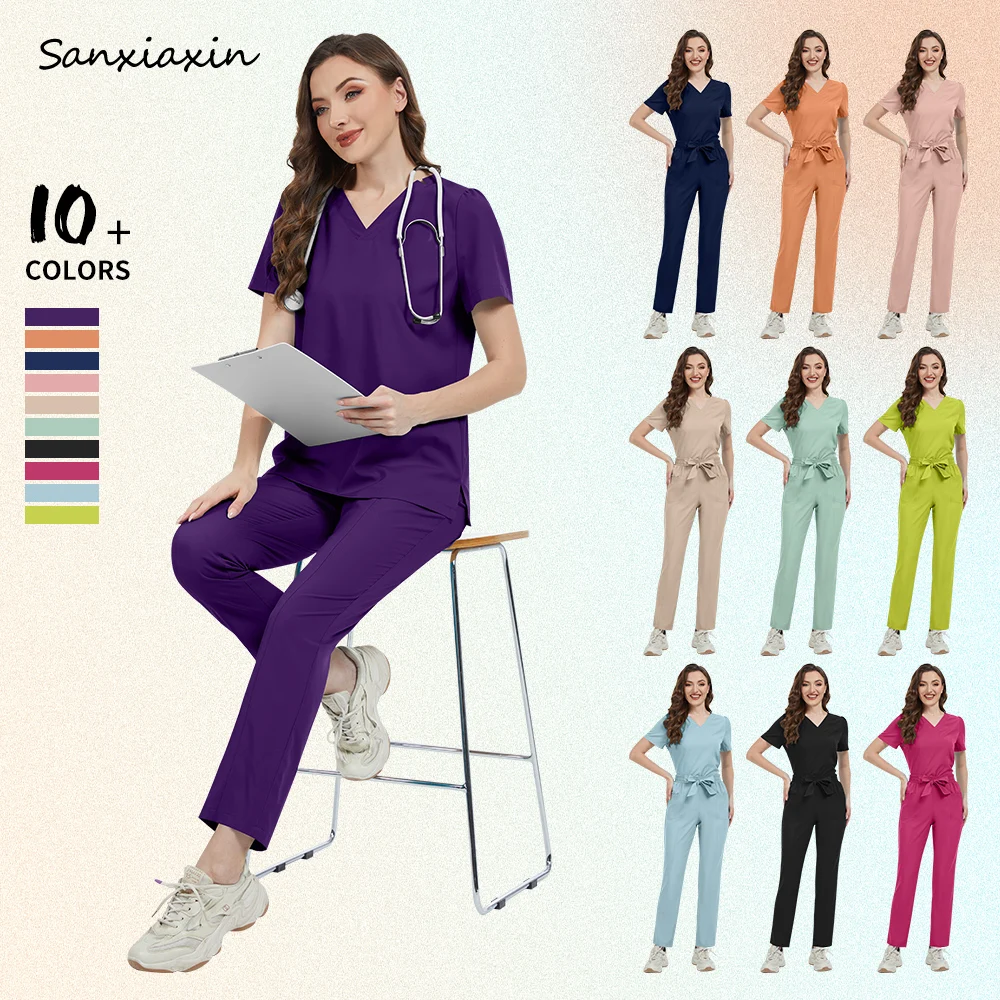Nurse Accessories Medical Surgical Suits Solid Color Health Service Nursing Uniform Set Scrub Doctor Costume Women Spa Work Wear